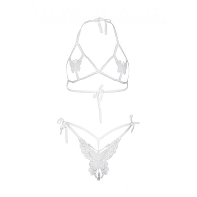 Leg Avenue Butterfly Applique Open Cup Bra and Side Tie Pearl Strand Butterfly G-String (2 pieces) - O/S - White - Romantic Blessings
