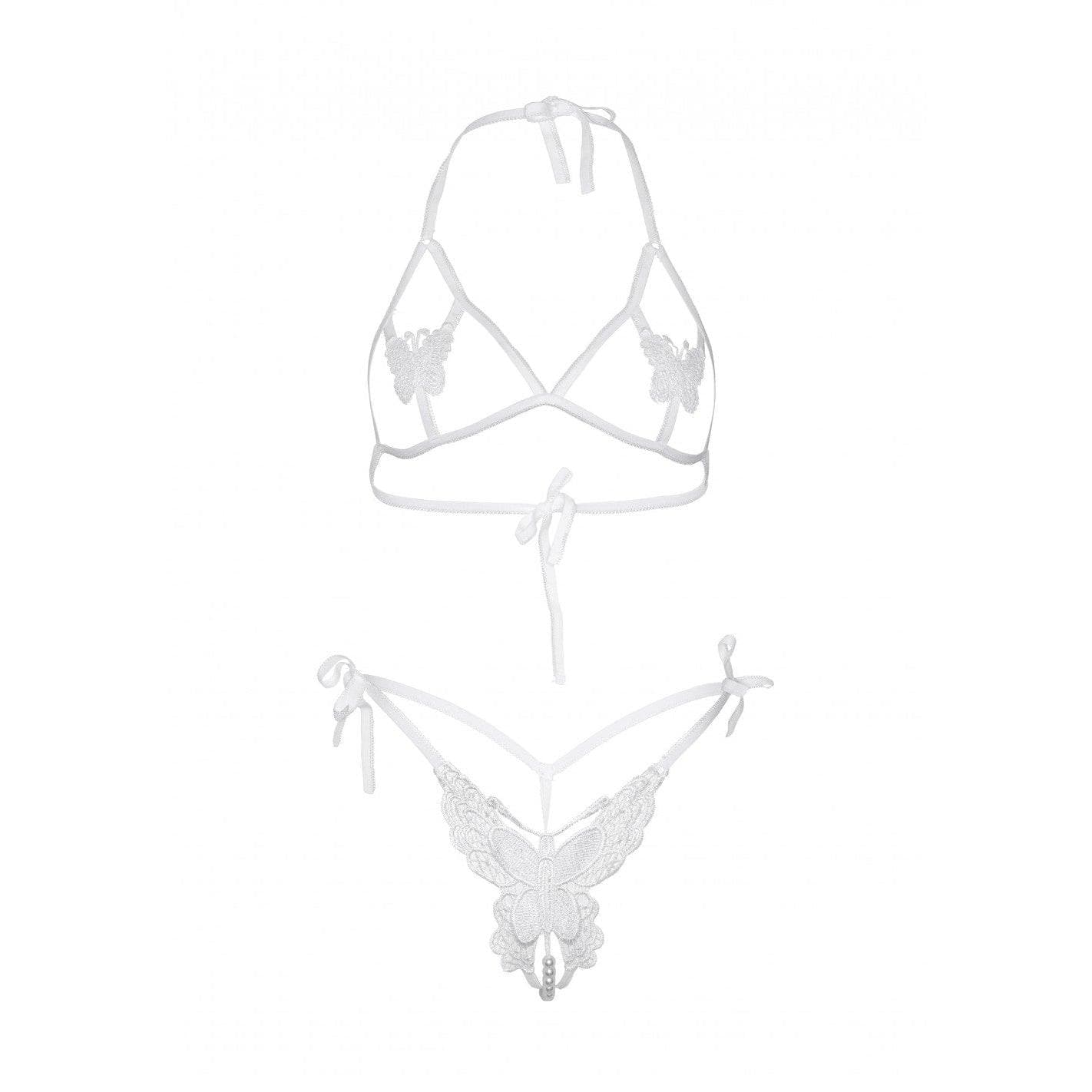 Leg Avenue Butterfly Applique Open Cup Bra and Side Tie Pearl Strand Butterfly G-String (2 pieces) - O/S - White - Romantic Blessings