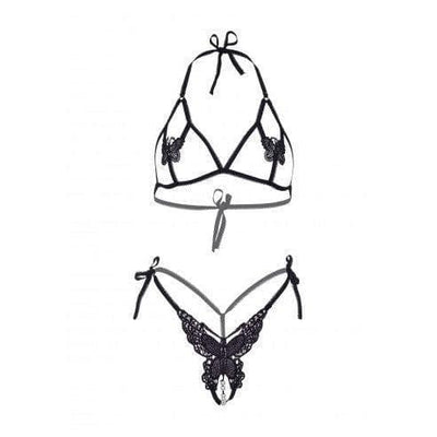 Leg Avenue Pearl Strand Open Cup Bra with Applique Accent and Crotchless Pearl Panty (2 pieces) - O/S - Black - Romantic Blessings