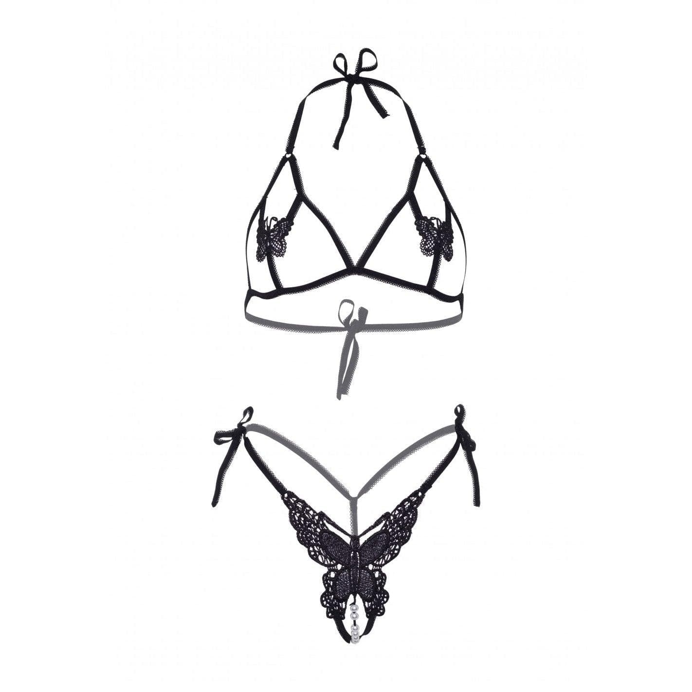 Leg Avenue Butterfly Applique Open Cup Bra and Side Tie Pearl Strand Butterfly G-String (2 pieces) - O/S - Black - Romantic Blessings