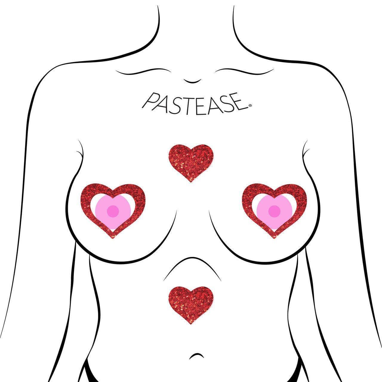 Pastease Peek-a-Boob: Red Glitter Heart Frame & Center Nipple Pasties - Romantic Blessings