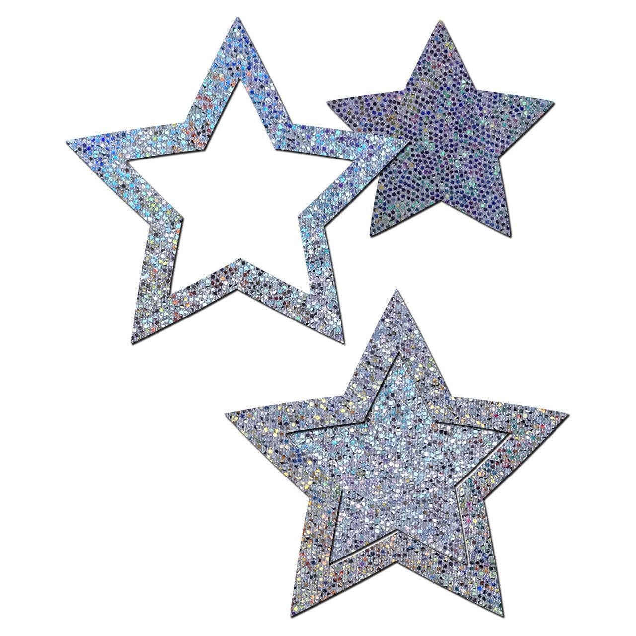 Pastease Peek-a-Boob: Silver Glitter Star Frame & Center Nipple Pasties - Romantic Blessings