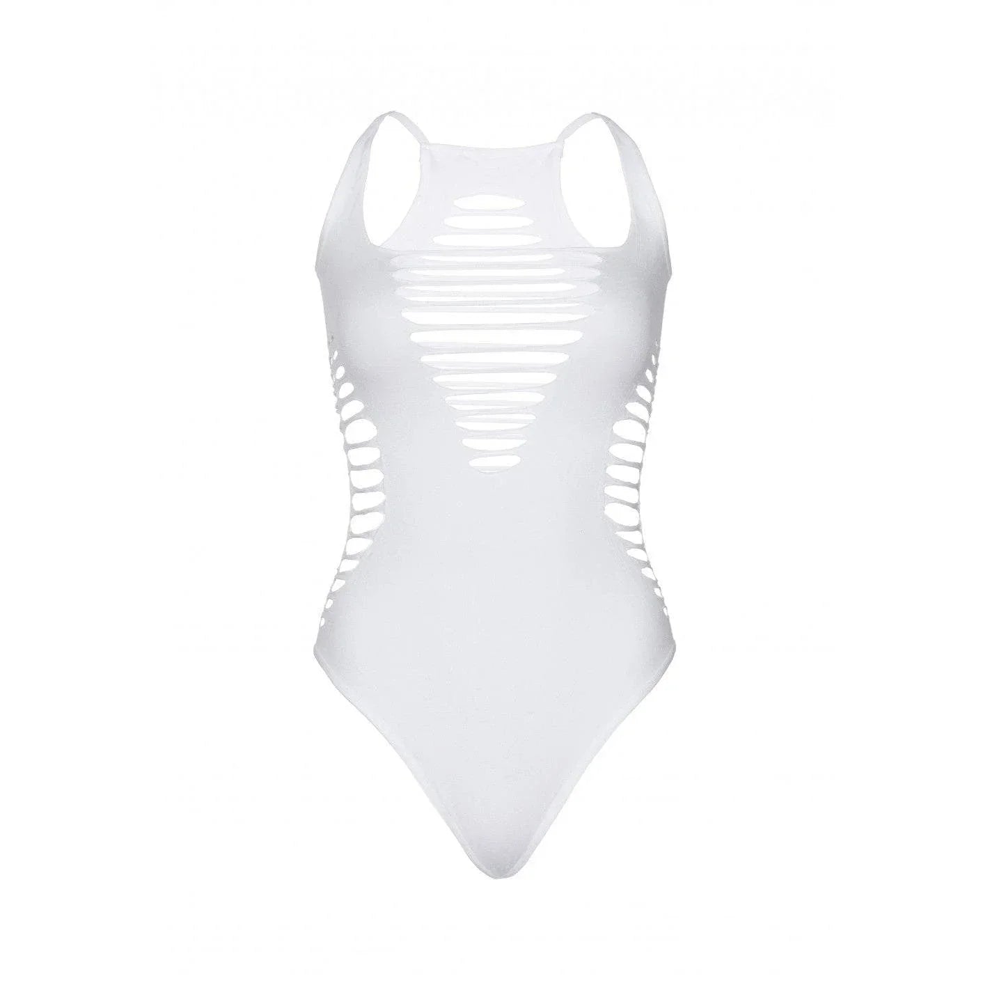Leg Avenue Seamless Shredded Racer Back Thong Bodysuit - O/S - White - Romantic Blessings