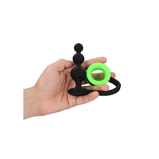 Shots Ouch! Glow in the Dark Silicone Beaded Anal Plug With Detachable Penis Ring Neon Green - Romantic Blessings