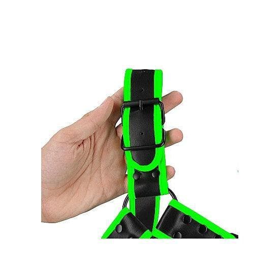 Shots Ouch! Glow in the Dark Bonded Leather Buckle Bulldog Harness Neon Green - Romantic Blessings