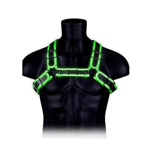 Shots Ouch! Glow in the Dark Bonded Leather Buckle Bulldog Harness Neon Green - Romantic Blessings