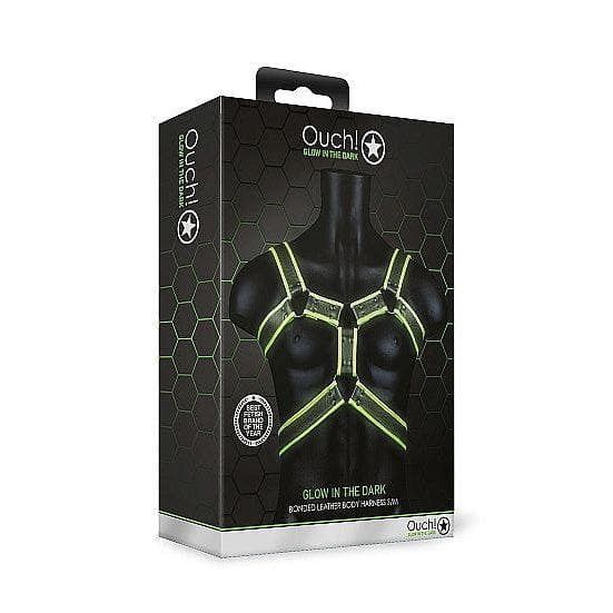 Shots Ouch! Glow in the Dark Bonded Leather Body Harness Neon Green - Romantic Blessings