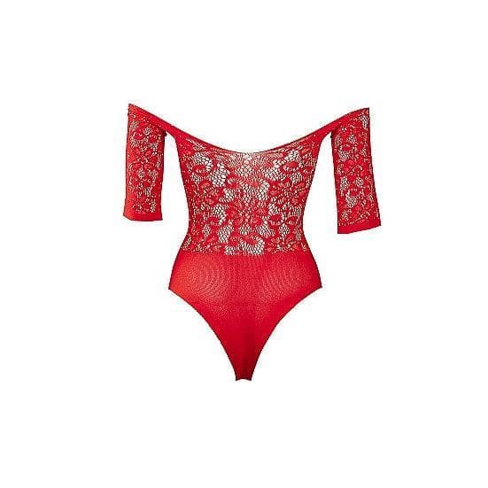 Shots Le Desir Presents Rhinestone Off-Shoulder Lace Crotchless Bodysuit Red - Romantic Blessings