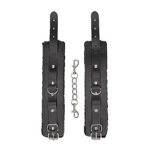 Shots Ouch! Black & White Adjustable Plush Bonded Leather Hand Cuffs Black - Romantic Blessings