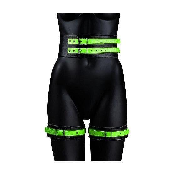 Shots Ouch! Glow in the Dark 5-Piece Leather Thigh & Handcuffs With Belt Restraint Neon Green - Romantic Blessings