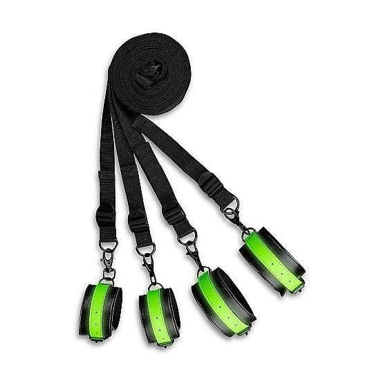 Shots Ouch! Glow in the Dark Bed Bindings Restraint Kit Neon Green - Romantic Blessings