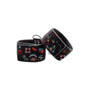 Shots Ouch! Old School Tattoo Style Adjustable Printed Velcro Handcuffs Multi-Color - Romantic Blessings