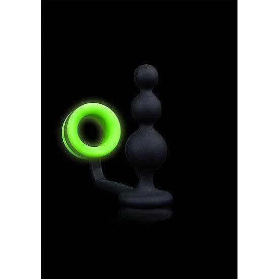 Shots Ouch! Glow in the Dark Silicone Beaded Anal Plug With Detachable Penis Ring Neon Green - Romantic Blessings