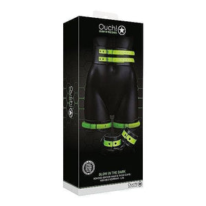 Shots Ouch! Glow in the Dark 5-Piece Leather Thigh & Handcuffs With Belt Restraint Neon Green - Romantic Blessings