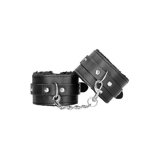 Shots Ouch! Black & White Adjustable Plush Bonded Leather Hand Cuffs Black - Romantic Blessings