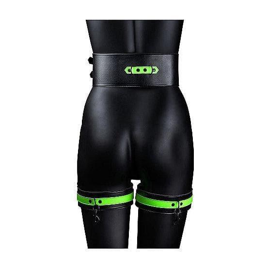 Shots Ouch! Glow in the Dark 5-Piece Leather Thigh & Handcuffs With Belt Restraint Neon Green - Romantic Blessings