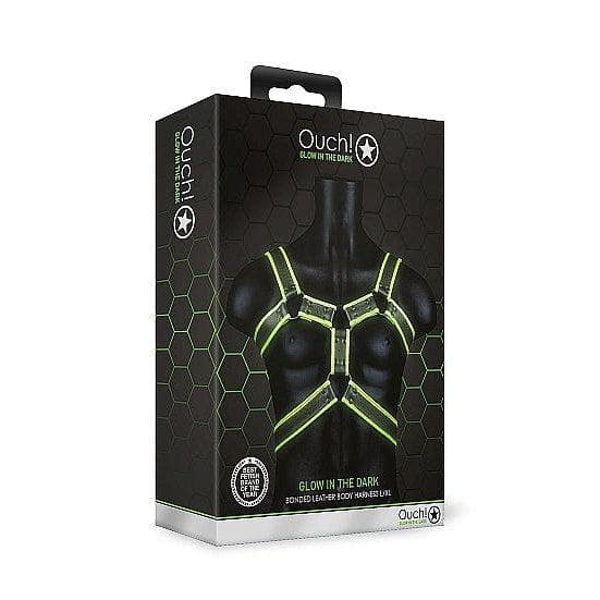 Shots Ouch! Glow in the Dark Bonded Leather Body Harness Neon Green - Romantic Blessings