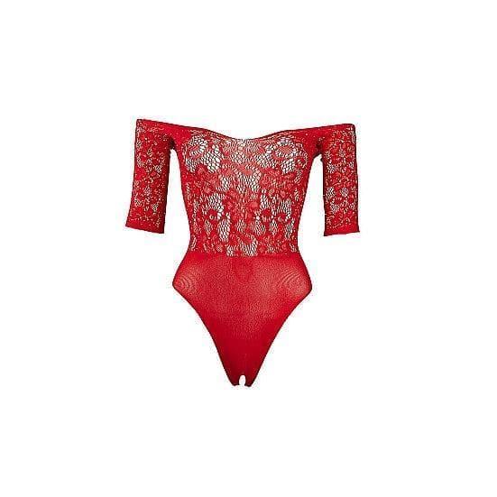 Shots Le Desir Presents Rhinestone Off-Shoulder Lace Crotchless Bodysuit Red - Romantic Blessings