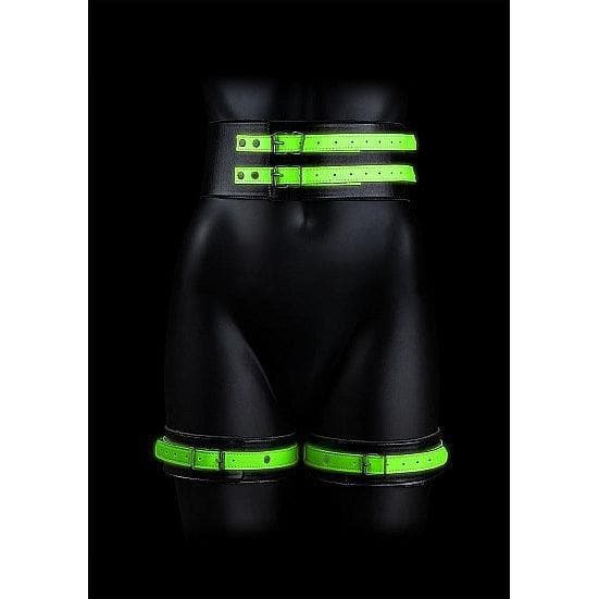 Shots Ouch! Glow in the Dark 5-Piece Leather Thigh & Handcuffs With Belt Restraint Neon Green - Romantic Blessings
