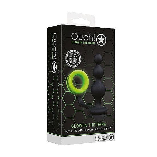 Shots Ouch! Glow in the Dark Silicone Beaded Anal Plug With Detachable Penis Ring Neon Green - Romantic Blessings