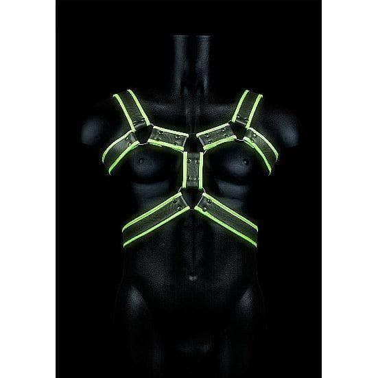 Shots Ouch! Glow in the Dark Bonded Leather Body Harness Neon Green - Romantic Blessings