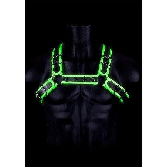 Shots Ouch! Glow in the Dark Bonded Leather Buckle Bulldog Harness Neon Green - Romantic Blessings