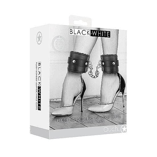 Shots Ouch! Black & White Adjustable Plush Bonded Leather Ankle Cuffs Black - Romantic Blessings