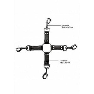 Shots Ouch! Saddle Leather 4-Way Hogtie Cross Black - Romantic Blessings