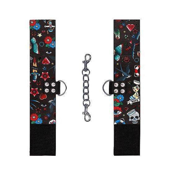 Shots Ouch! Old School Tattoo Style Adjustable Printed Velcro Handcuffs Multi-Color - Romantic Blessings