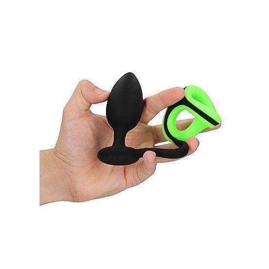 Shots Ouch! Glow in the Dark Silicone Anal Plug Penis Ring & Ball Strap Neon Green - Romantic Blessings