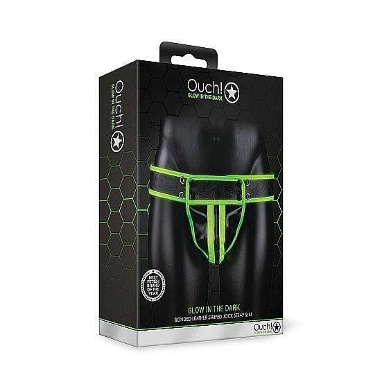 Shots Ouch! Glow in the Dark Bonded Leather Striped Jock Strap Neon Green - Romantic Blessings
