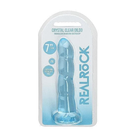Shots RealRock Crystal Clear Non-Realistic 7 in Twisted Dildo With Suction Cup Blue - Romantic Blessings