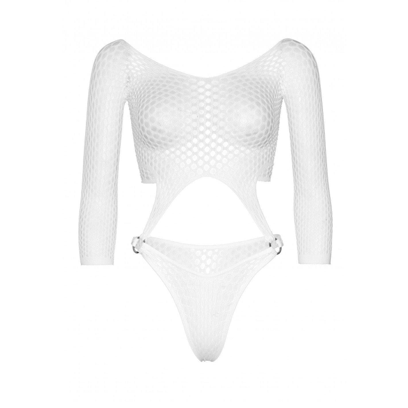 Leg Avenue Long Sleeve Pothole Suspender Top Bodysuit with Thong Back and O-Ring Detail - O/S - White - Romantic Blessings