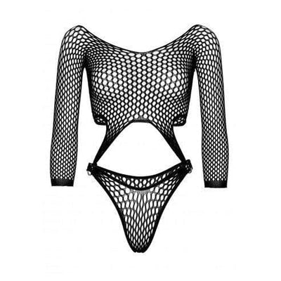 Leg Avenue Long Sleeve Pothole Suspender Top Bodysuit with Thong Back and O-Ring Detail - O/S - Black - Romantic Blessings