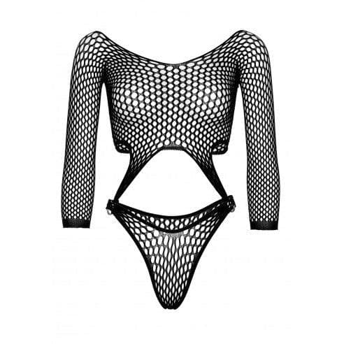 Leg Avenue Long Sleeve Pothole Suspender Top Bodysuit with Thong Back and O-Ring Detail - O/S - Black - Romantic Blessings